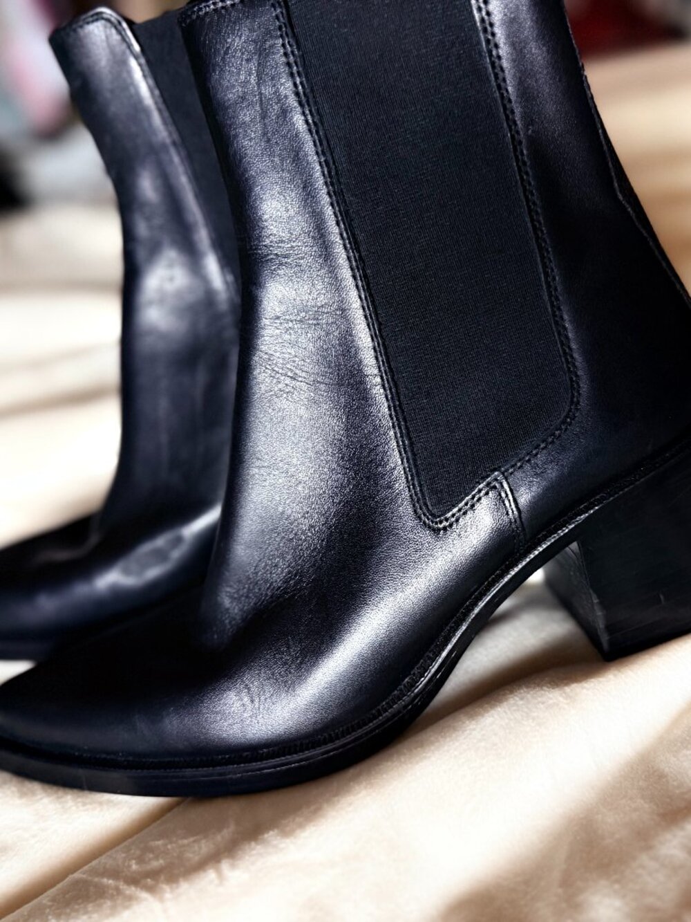 Zara High-End Real Leather Block Heel Chelsea Ankle Boots Black Pointed Toe Size